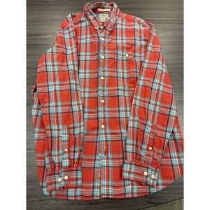 LL Bean Plaid Button Up Shirt Mens Large Slightly Fitted‎ Red Teal Cotton